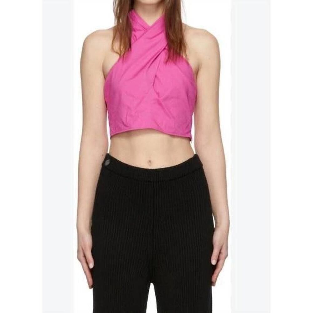 New STAUD  Kai Pink Crossover Halter Crop Top Cotton Blend Back Tie Size 10